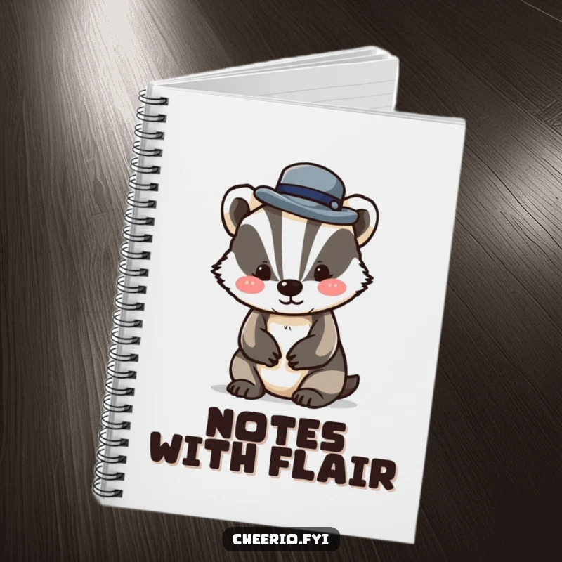 Funny notebook featuring a dapper badger character tipping a miniature bowler hat, perfect for jotting down ideas with a touch of charm.
