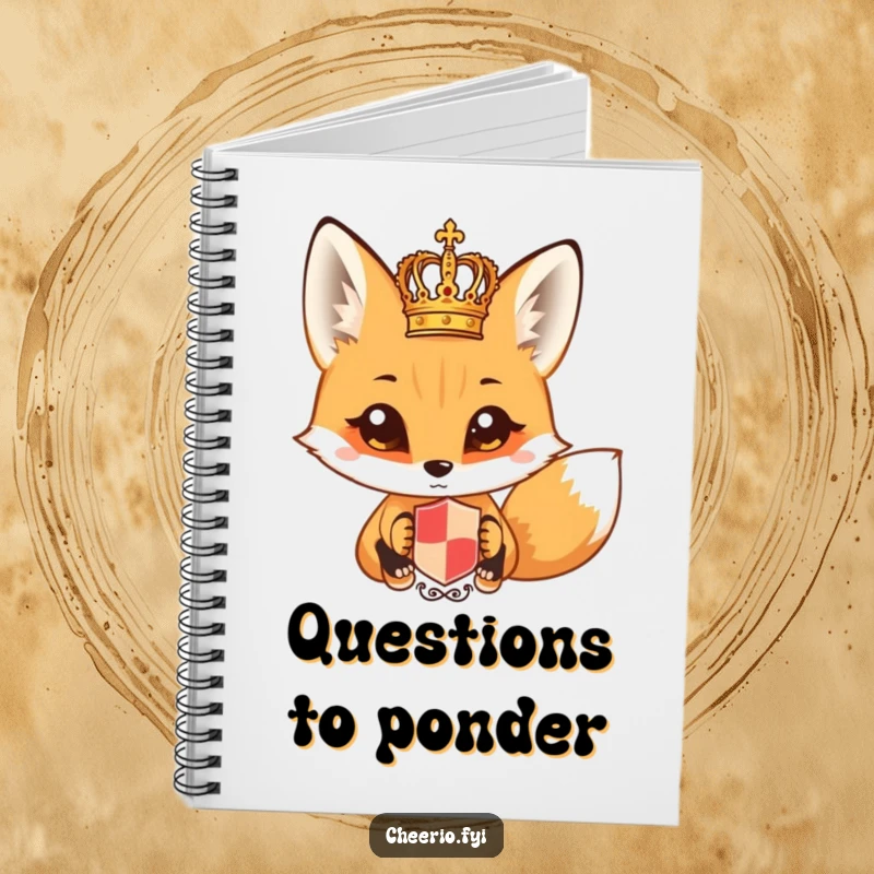Funny fox with wide eyes looking at a miniature royal crest in a ruled notebook. A curious funny gift.