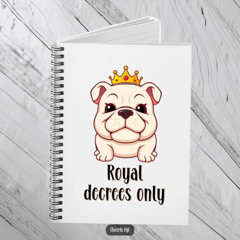 Funny bulldog notebook featuring a jolly bulldog character wearing a small crown and a proud, confident grin.
