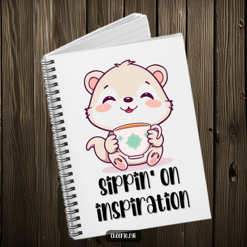Funny notebook with a cute animal character holding a miniature teacup, smiling sweetly for note-taking.