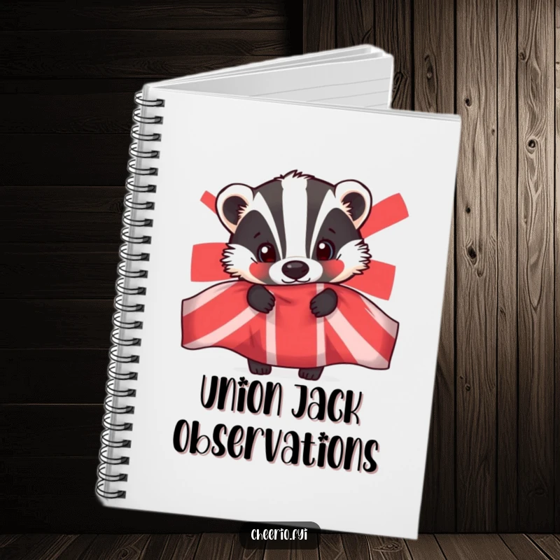 Funny notebook cover featuring a curious badger peeking from behind a Union Jack flag, designed for note-taking.
