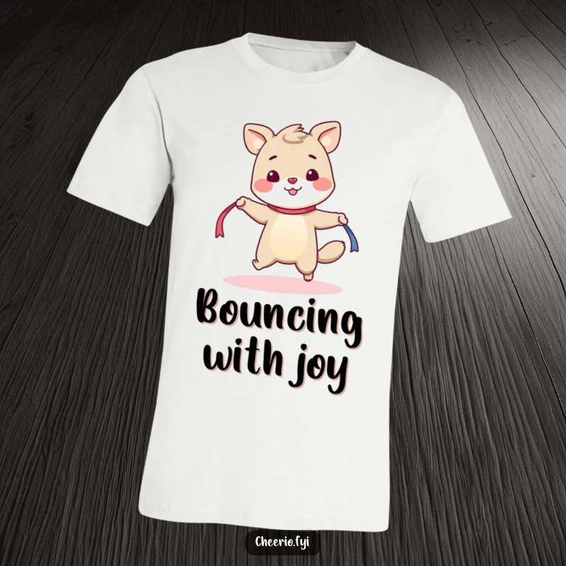 Funny t-shirt depicting a happy animal with a cheerful disposition, energetically skipping rope using a colorful ribbon.