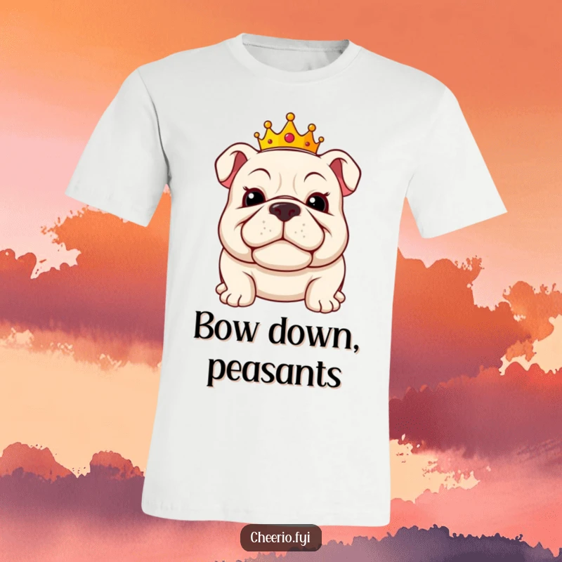Funny bulldog t-shirt featuring a jolly bulldog wearing a miniature crown, grinning proudly, exuding regal charm.