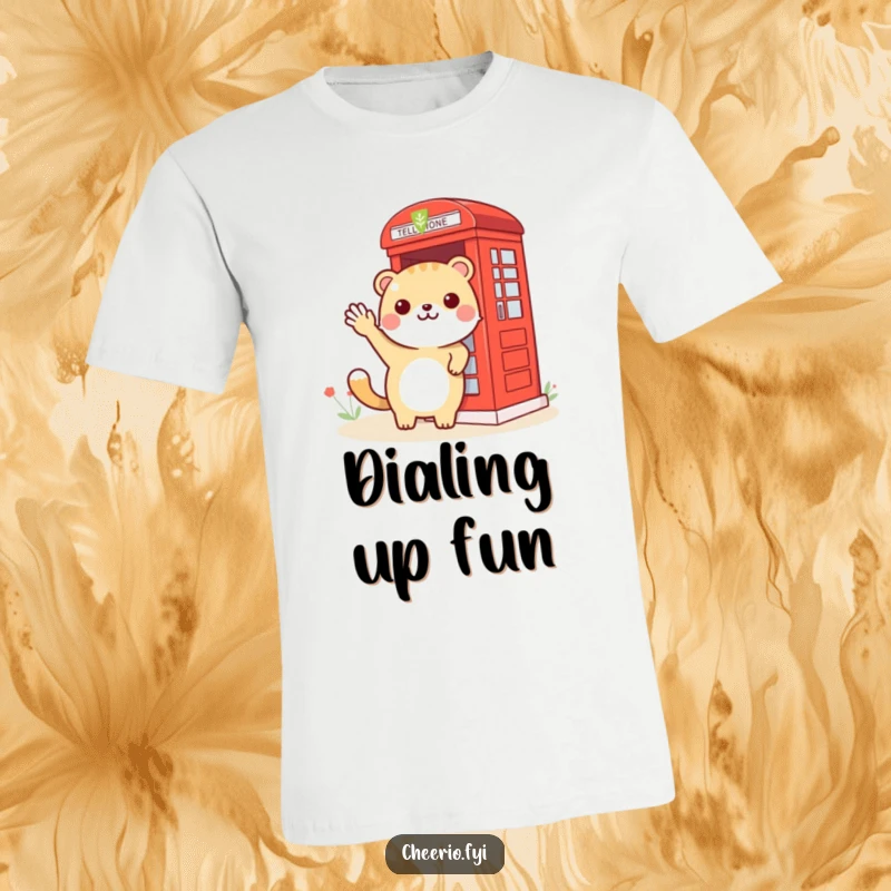 Funny animal waving hello towards a vintage red phone booth, a humorous design for t-shirts.