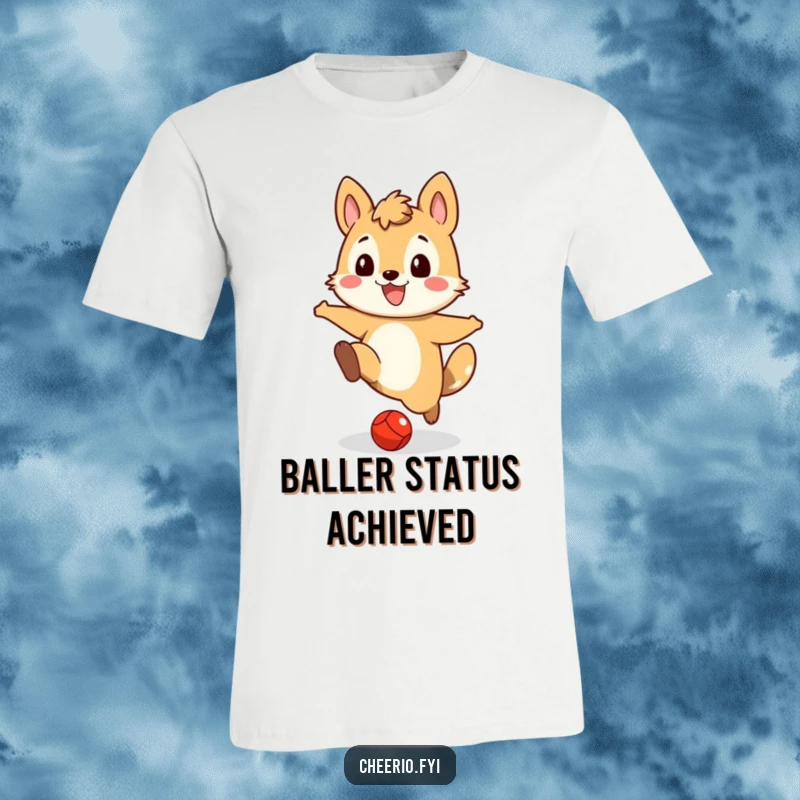 Funny t-shirt design of a delighted animal character mid-kick, sending a small red ball flying with a joyous grin.