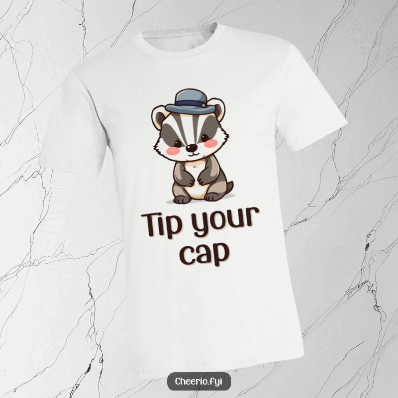 Funny t-shirt depicting a well-dressed badger character tipping a miniature bowler hat, adding a touch of quirky sophistication.