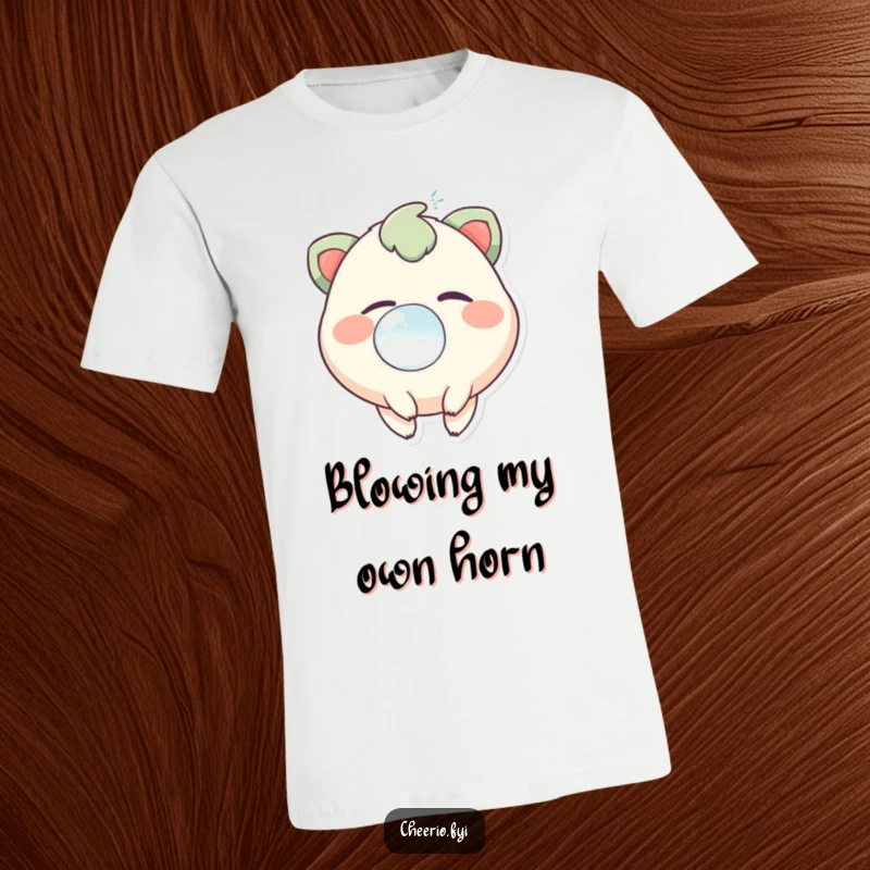 Funny t-shirt featuring a whimsical creature with sparkling eyes, happily blowing a big, iridescent bubble.