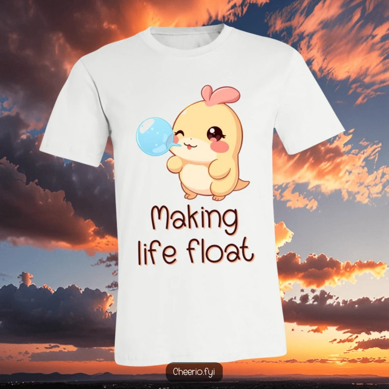 Funny T-Shirt depicting a creature with a twinkling eye, joyfully blowing a big, transparent bubble, perfect for fun-loving people.