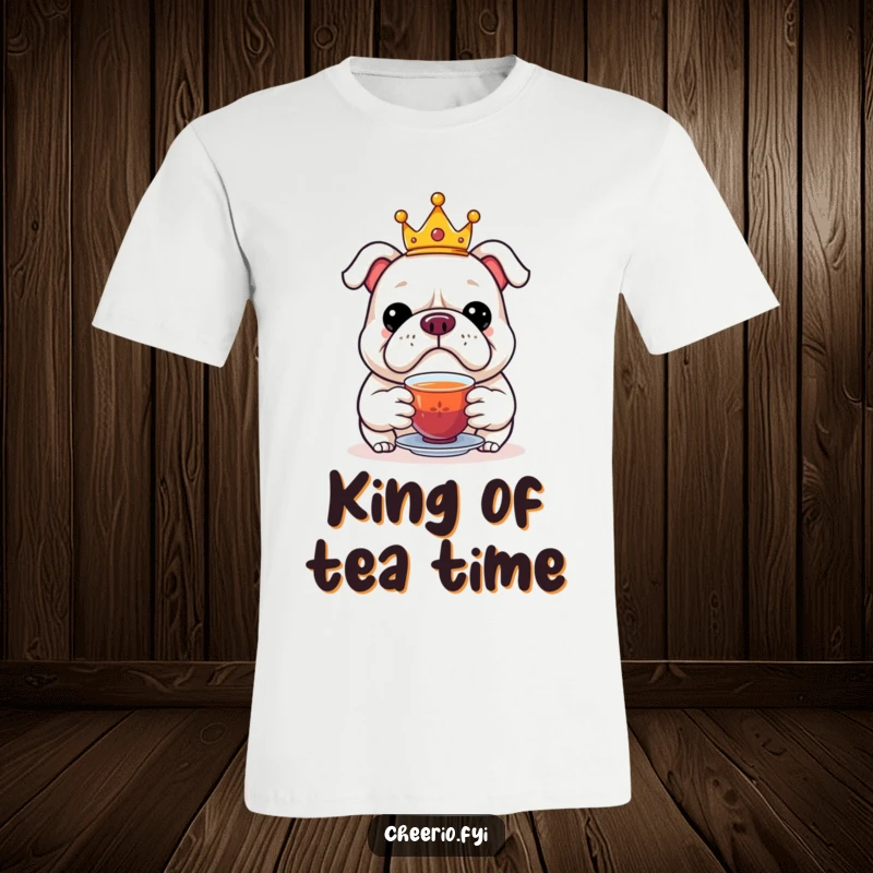 Funny t-shirt graphic of a jolly bulldog wearing a miniature crown, proudly presenting a cup of tea.