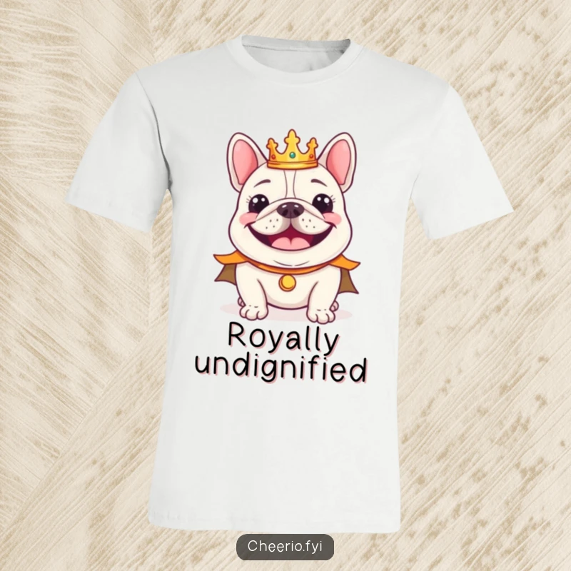 Funny cheerful bulldog wearing a tiny crown and regal cape smiling, printed on a t-shirt.