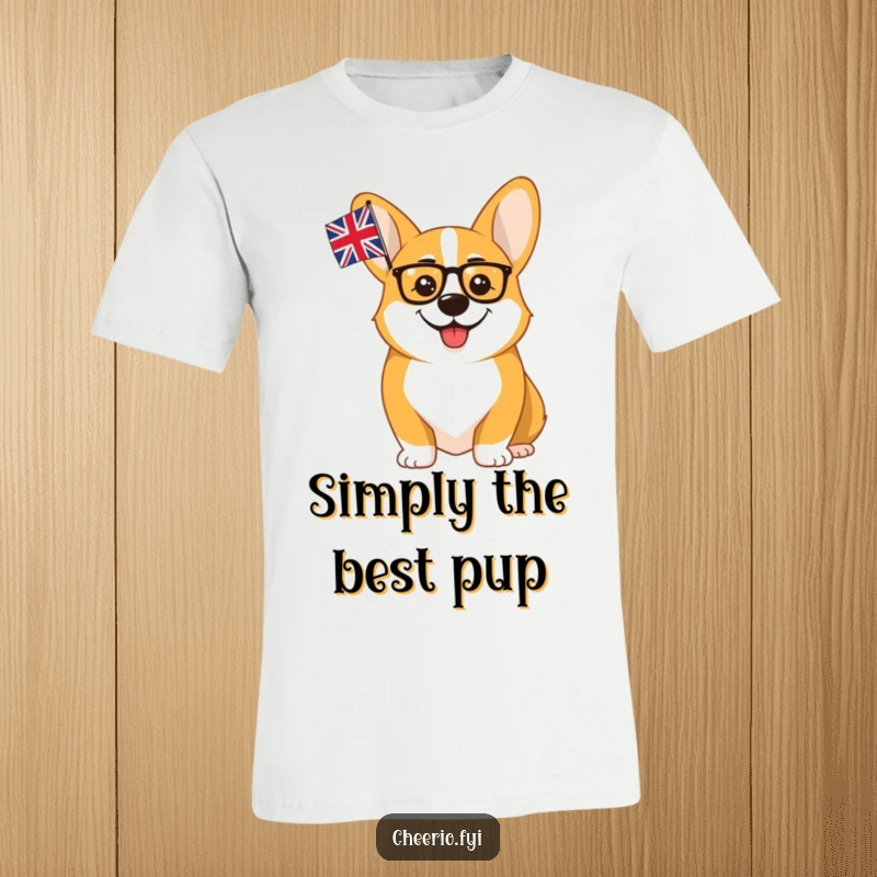 Funny Corgi Monocle Union Jack T-Shirt: A cheerful corgi sporting a monocle waves a small union flag with undeniable British spirit and charm.