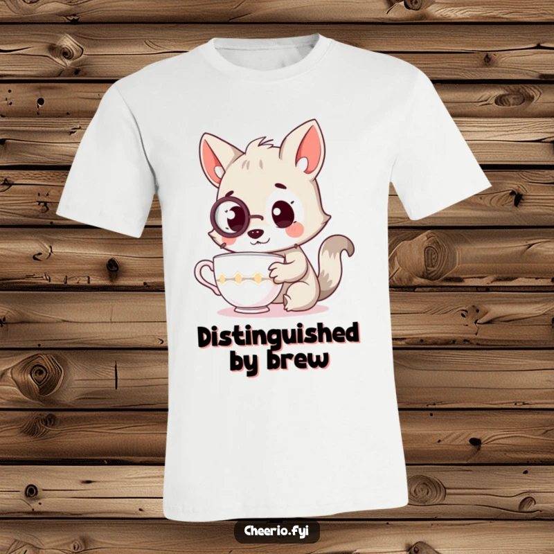 Funny t-shirt print of a distinguished animal character wearing a monocle, peering closely into a steaming teacup with great interest.