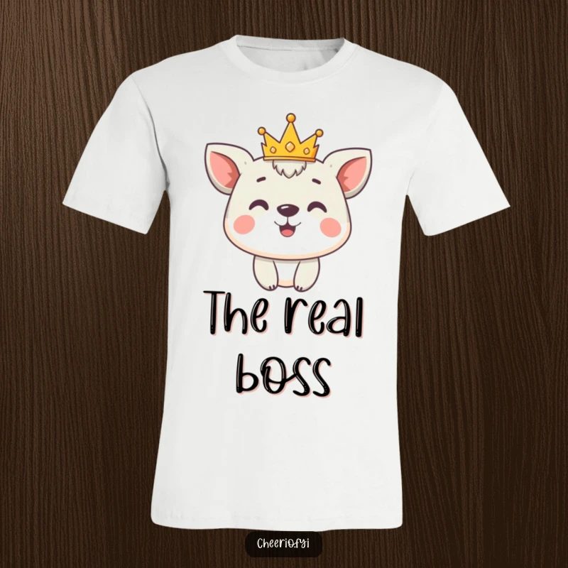Funny T-Shirt: Cute animal character adorned with a tiny crown sports a proud smile, radiating adorable leadership.