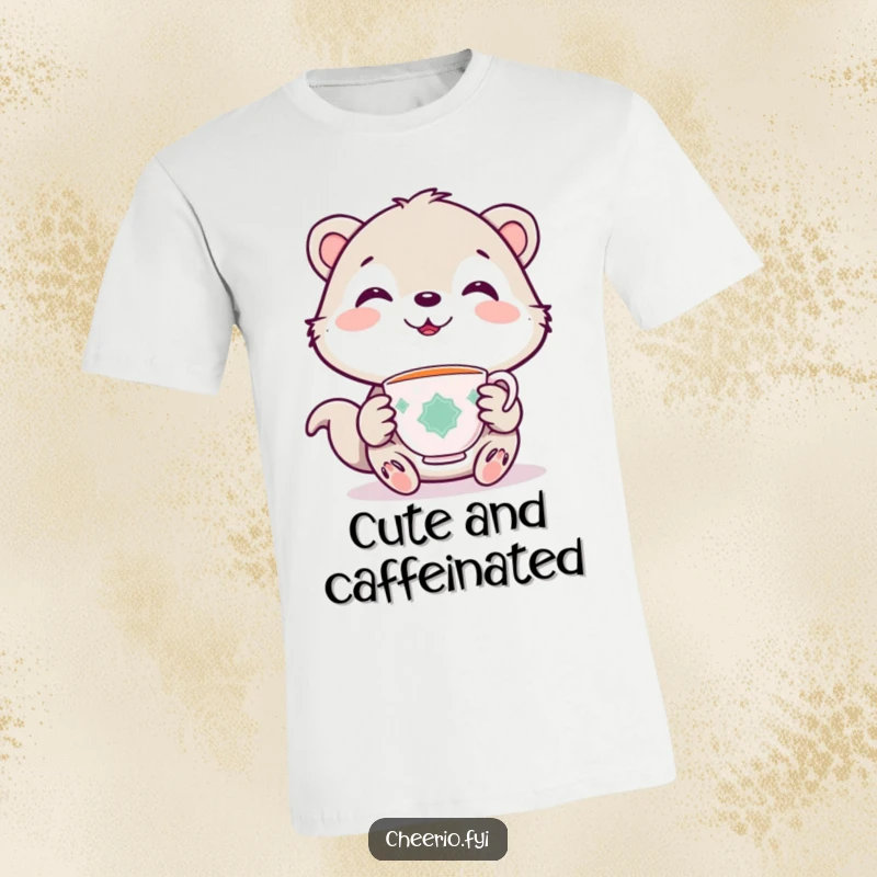 Funny t-shirt featuring a cute animal character holding a tiny teacup, smiling with kindness and warmth.