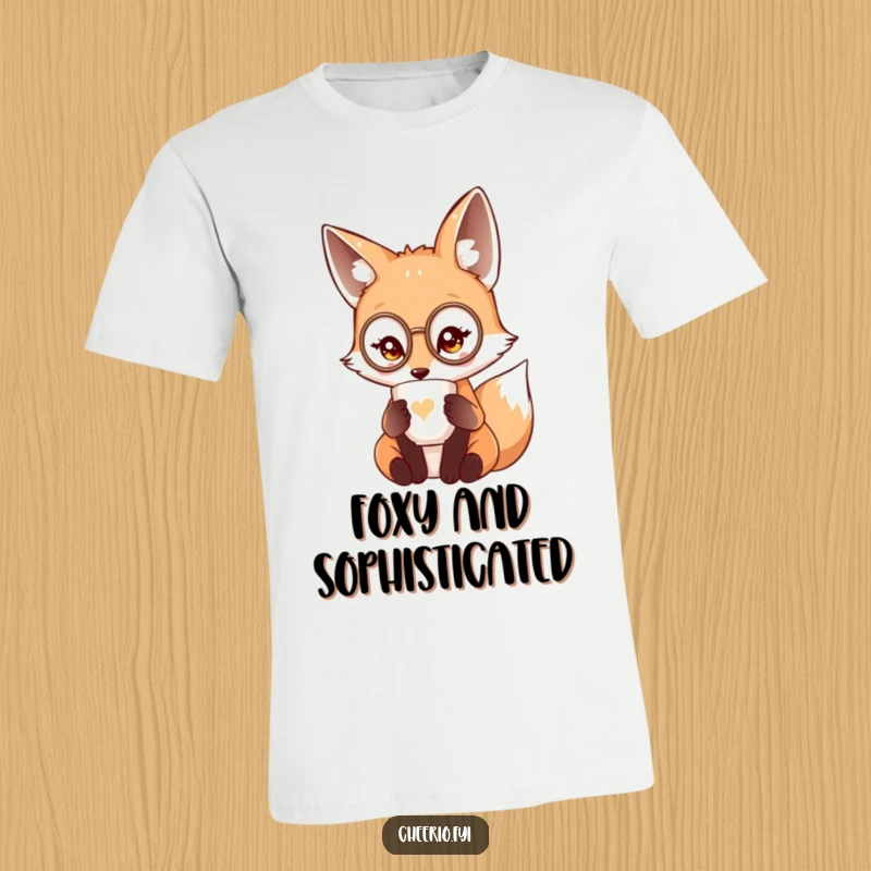 Funny cute fox wearing a miniature monocle sipping tea from a delicate cup on a t-shirt.