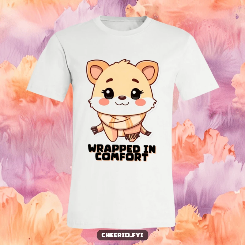 Funny creature t-shirt wearing a traditional scarf, showcasing a friendly grin and winter coziness.