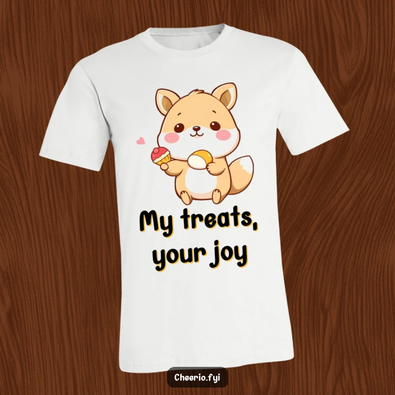 Funny t-shirt featuring a happy animal character presenting a small pastry with a flourish, exuding charm and humor, ideal funny gift.