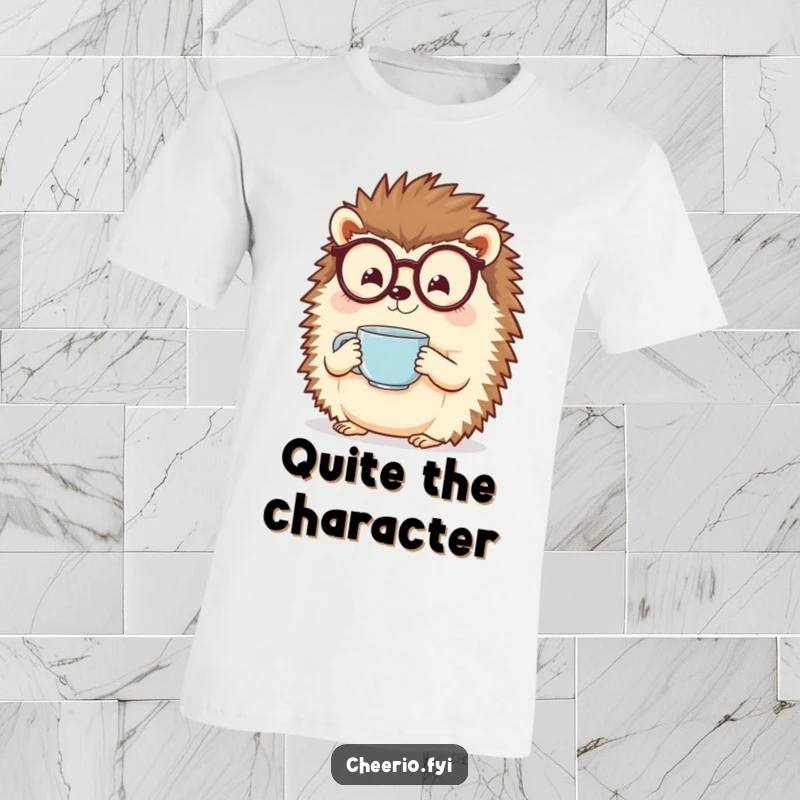 Funny Hedgehog T-Shirt: A cheerful hedgehog wearing glasses holds a delicate teacup, looking wise.