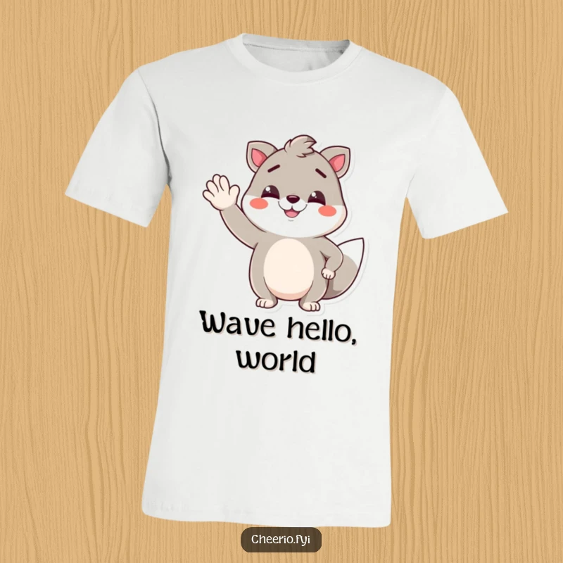 Funny t-shirt showcasing a cool animal character with a cheeky smirk, performing a jaunty wave, perfect for casual, humorous wear.