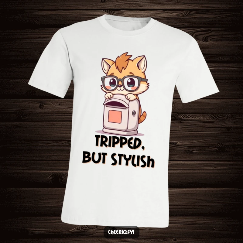 Funny T-shirt: A playful animal with big spectacles trips over a tiny post box, a moment of comical clumsiness.