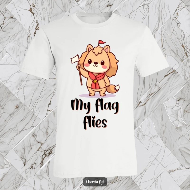 Funny t-shirt depicting a proud animal character standing tall and proudly displaying a small flag, symbolizing achievement and spirit.