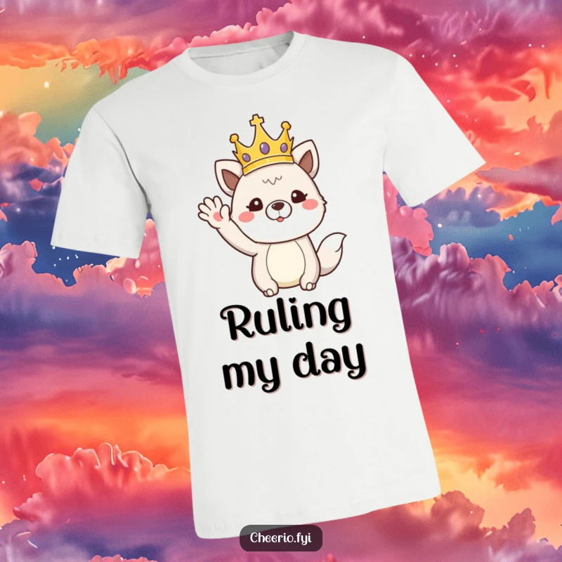 Funny t-shirt design of an animal wearing a crown and performing a stately, regal wave, embodying humorous royalty.