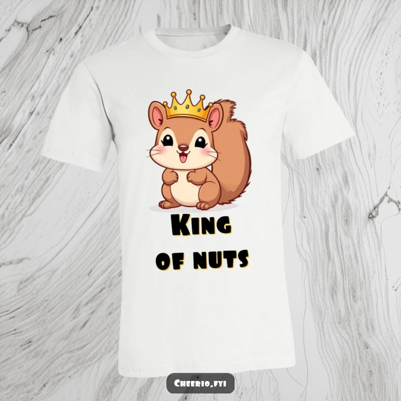 Funny squirrel sporting a miniature golden crown, looking mischievous and regal on a comfortable tee. A great funny gift.