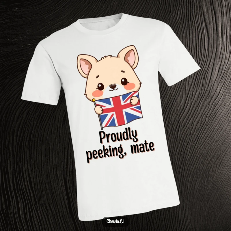 Funny t-shirt featuring a happy animal character peeking out from behind a Union Jack flag with a grin.
