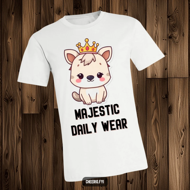 Funny British animal character adorned with a small crown, exuding regality and charm, printed on a t-shirt.
