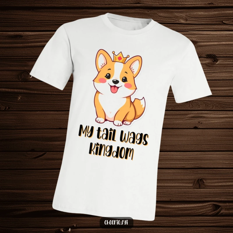 Funny t-shirt with a cheerful corgi wearing a small crown and wagging its tail, celebrating the joy of corgi ownership.