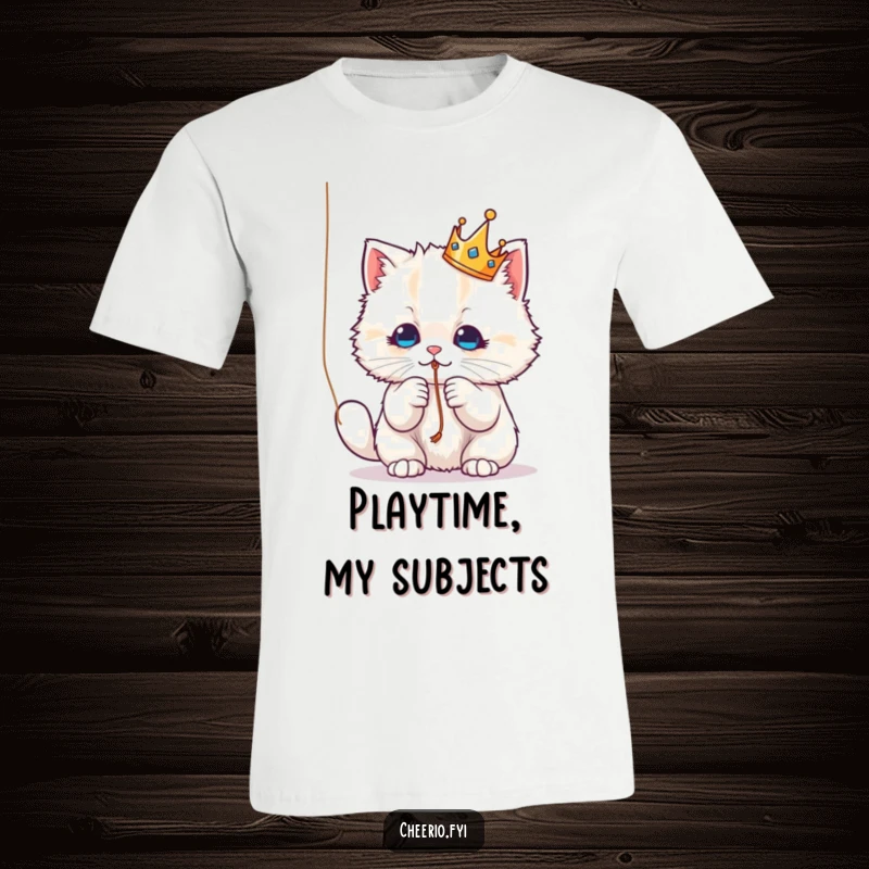 Funny T-Shirt: A fluffy cat crowned like royalty, engrossed in playfully batting at a dangling string, full of charm.