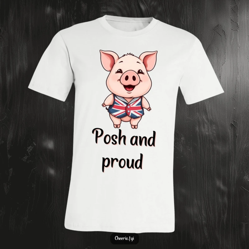 Funny T-Shirt: A happy pig sporting a tiny Union Jack waistcoat, offering a warm smile, full of charm and humor.