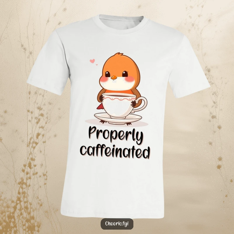 Funny playful robin with very proper posture offering a teacup on a comfortable t-shirt.