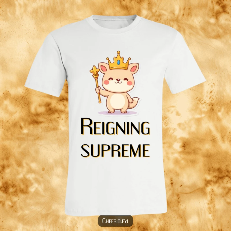 Funny cheerful animal wearing a crown and holding a scepter stands proudly on a comfortable t-shirt.