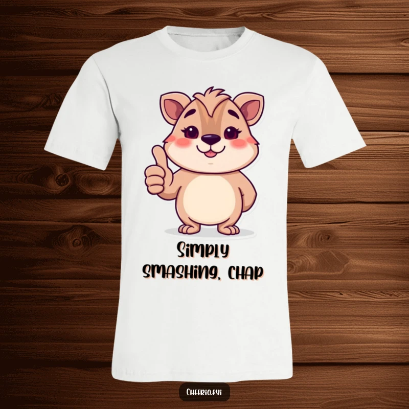 Funny British animal character giving a dignified thumbs-up and a polite smile, depicted on a humorous t-shirt.
