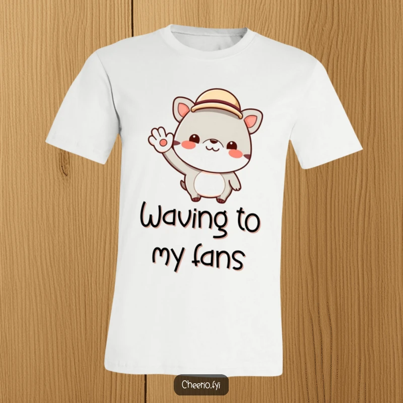 Funny t-shirt of a cheerful animal character wearing a small bowler hat and giving a jaunty wave. Exuding sophistication and a friendly vibe.