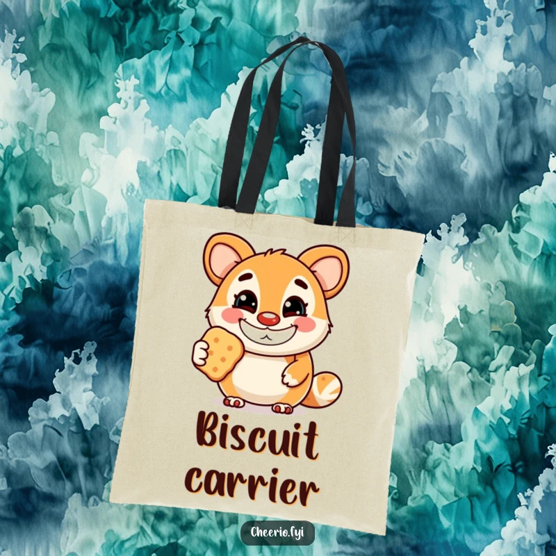 Funny tote bag showcasing a joyful animal mascot with a wide grin, offering a biscuit, perfect for carrying daily items with cheer.