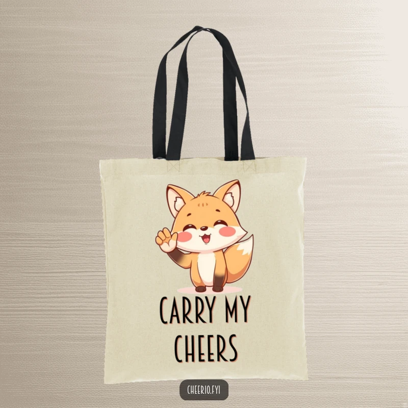 Funny tote bag showcasing a spirited fox character enthusiastically cheering with a cupped hand, perfect for carrying daily items with fan energy.