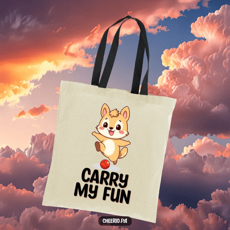 Funny tote bag illustration of a happy animal character actively kicking a small red ball, designed for playful errands.