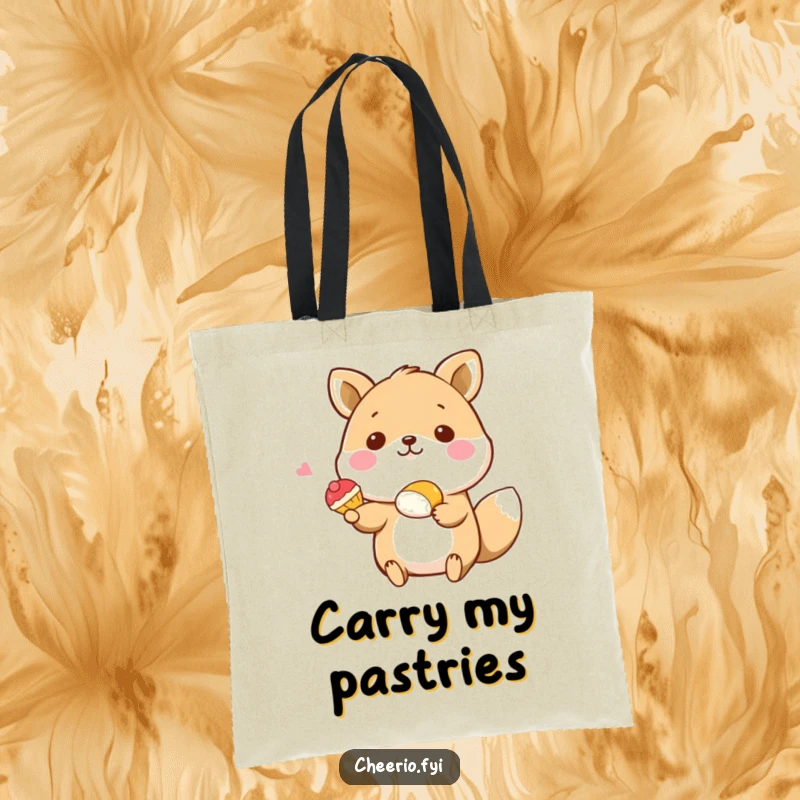 Funny tote bag with a happy animal character offering a tiny pastry, perfect for carrying items with sweet humor, ideal funny gift.