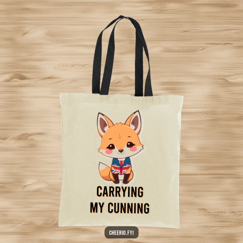 Funny fox tote bag with a smiling fox character wearing a small Union Jack waistcoat, ready for errands.