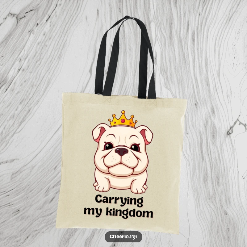 Funny bulldog tote bag depicting a jolly bulldog wearing a small crown, with a proud grin for a regal look.