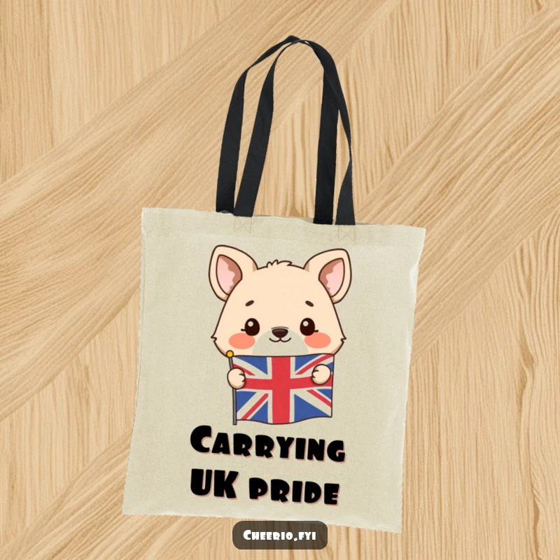 Funny tote bag with a happy animal peeking from behind a Union Jack flag, showcasing British spirit.