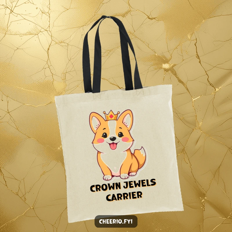 Funny tote bag with a cheerful corgi wearing a small crown and wagging its tail, a humorous and practical accessory.