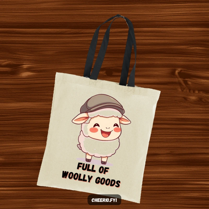 Funny Sheep Flat Cap Tote Bag: A happy sheep in a flat cap laughs heartily, perfect for carrying humor and essentials.