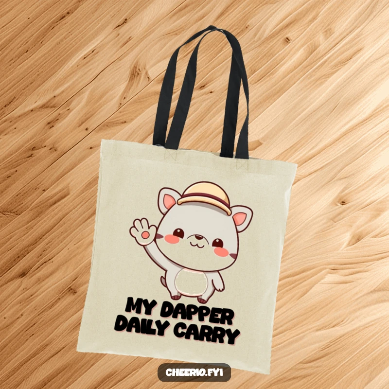 Funny tote bag showing a cheerful animal character wearing a small bowler hat and giving a jaunty wave. A charming and practical accessory.