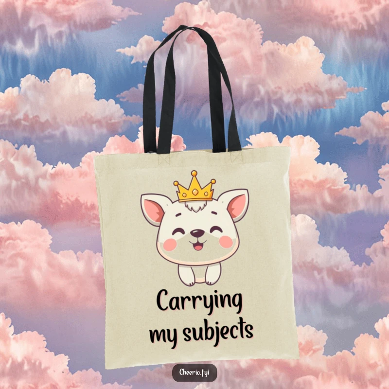 Funny Tote Bag: Cute animal character proudly wears a tiny crown, perfect for carrying your regal belongings with charm.
