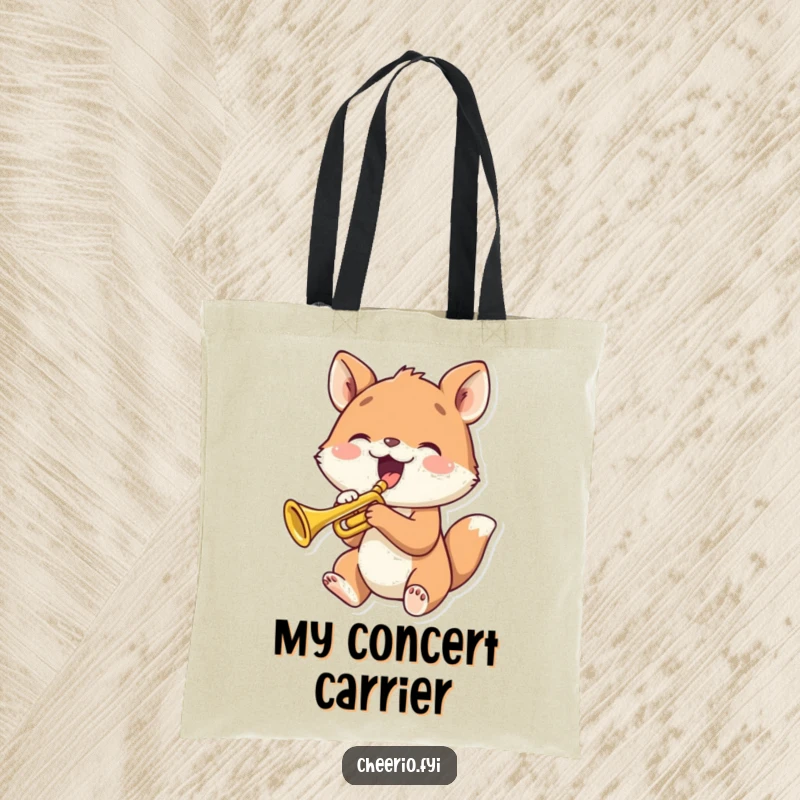 Funny animal playing a tiny trumpet with joy, depicted on a humorous tote bag.