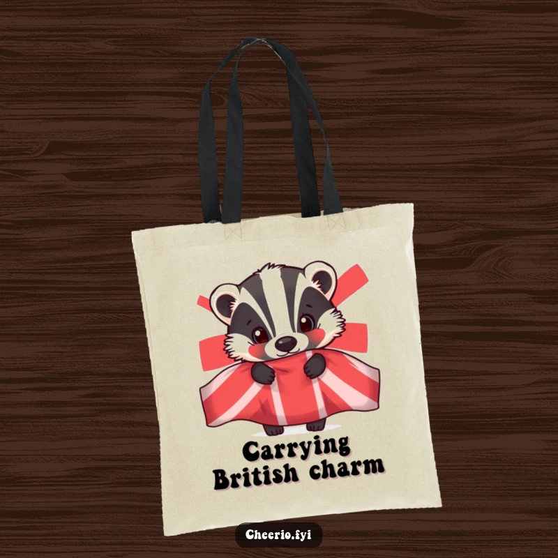 Funny tote bag with a curious badger peeking from behind a Union Jack flag, ideal for shopping and daily use.