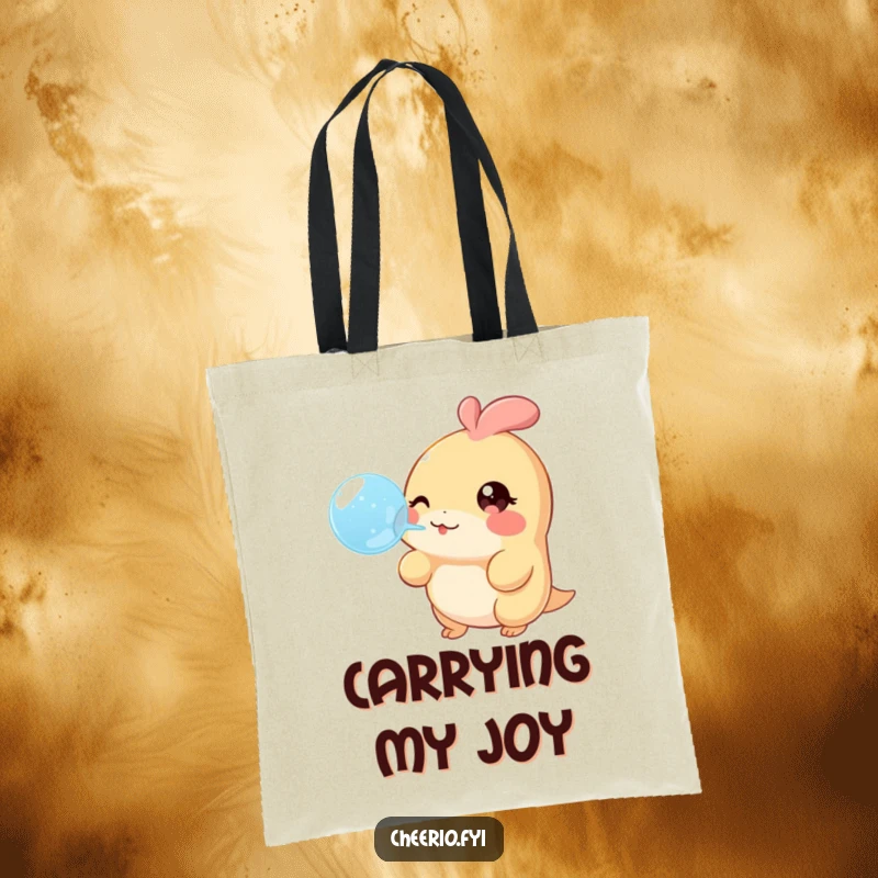 Funny Tote Bag with a creature sporting a twinkling eye, cheerfully blowing a big bubble, perfect for daily use.